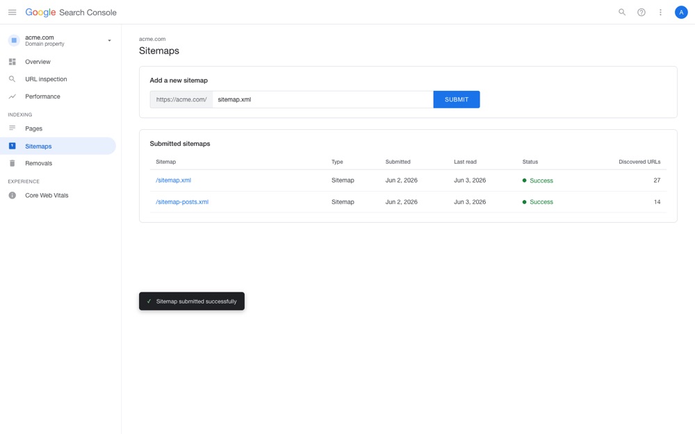 Google Search Console showing a submitted sitemap for acme.com with indexed pages and a success status